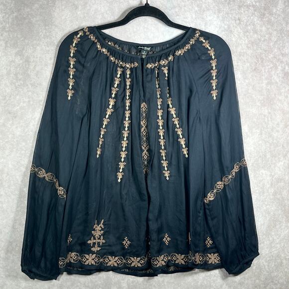 Lucky Brand Top Womens Small Black Gold‎ Embroidered Long Sleeve Sheer Boho - Picture 1 of 9